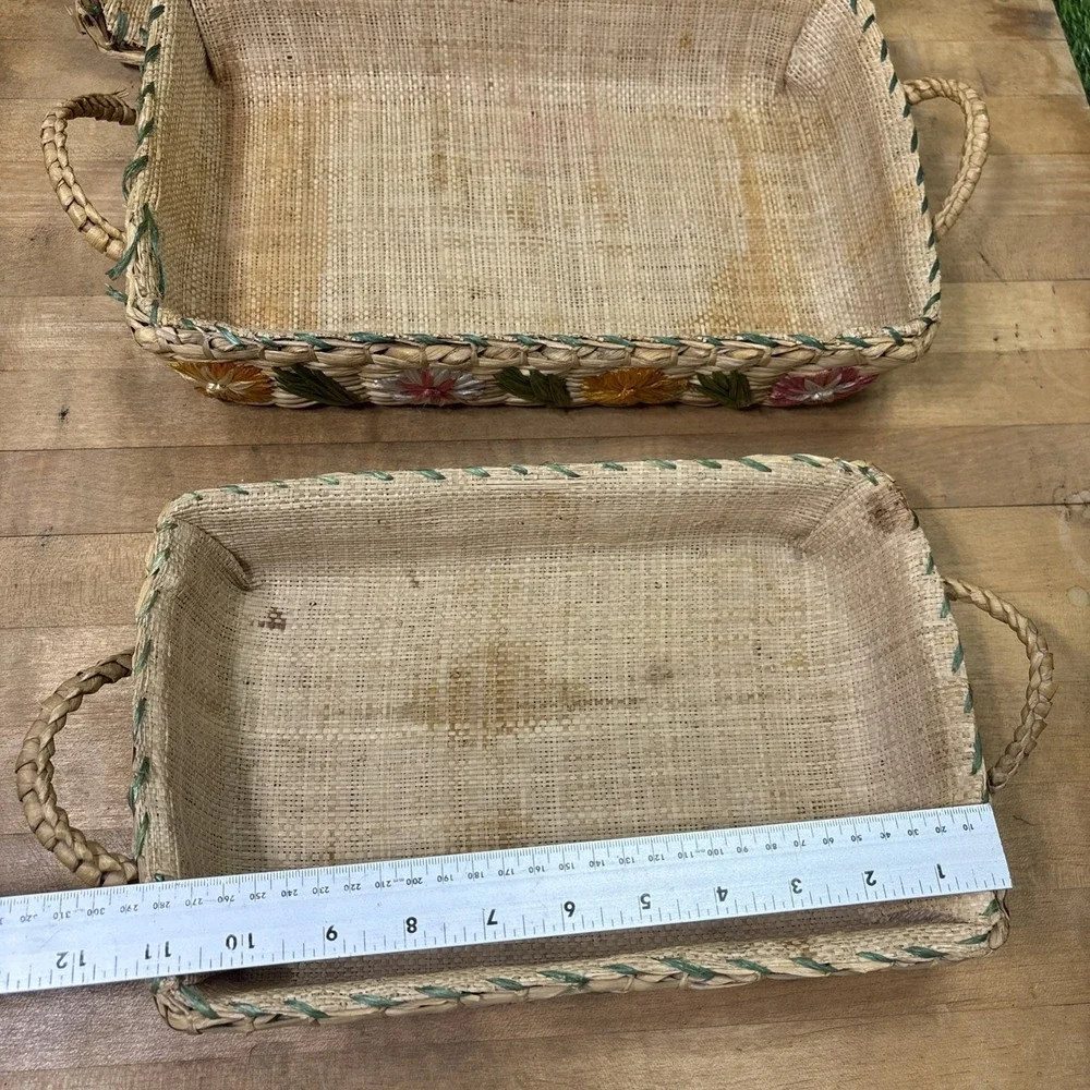 Vintage 60s 70s Raffia Floral Nesting Baskets Set 3 Boho Decor AS IS